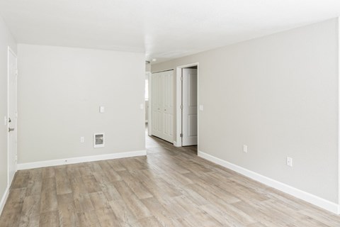 A room with light wood flooring and white walls.