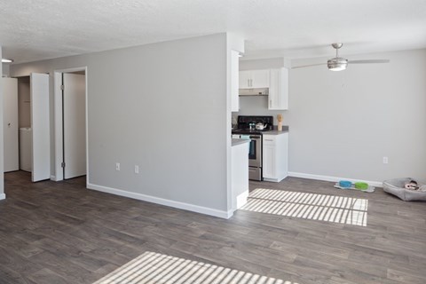 A living room with a grey floor and a white ceiling.
