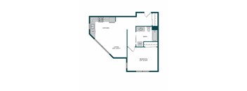 A floor plan of a living space showing a kitchen, bathroom and bedroom.