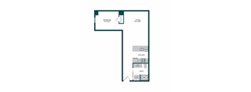 A floor plan of a small apartment with a bedroom, kitchen, and bathroom.