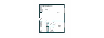 A floor plan of a small apartment with a kitchen, bathroom, and bedroom.