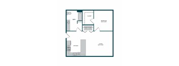 A floor plan of a small apartment with a bedroom, living room, and kitchen.