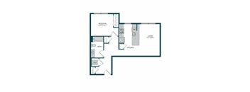A floor plan of a small apartment with a bedroom, bathroom, living room, and kitchen.