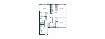 A floor plan of a house with three bedrooms, a living area, a kitchen, and two bathrooms.