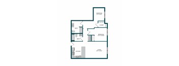 A floor plan of a home with a living room, kitchen, two bathrooms, and two bedrooms.