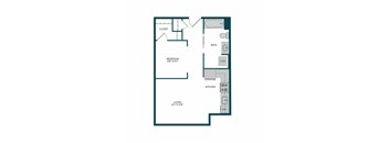 A floor plan of a small apartment with a bedroom, bathroom, kitchen, and living room.