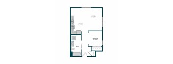 A floor plan of a small apartment with a living room, kitchen, bathroom, and bedroom.