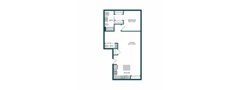 A floor plan of a small apartment with a living room, a bedroom, a kitchen, and two bathrooms.