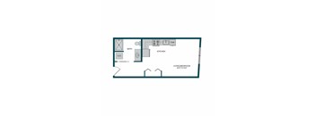 A floor plan of a small apartment with a kitchen, bathroom, and living/bedroom area.