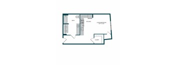 A floor plan of a small apartment with a bathroom, kitchen, living/bedroom, and closet.