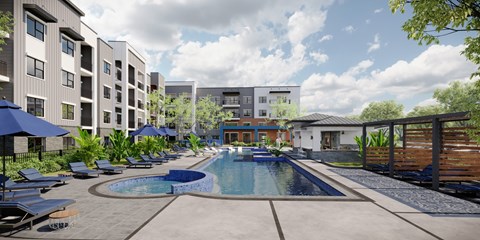 A swimming pool surrounded by lounge chairs and umbrellas in a resort-like setting.