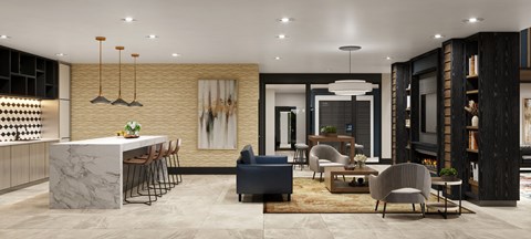 A modern living room with a bar area and a large painting on the wall.