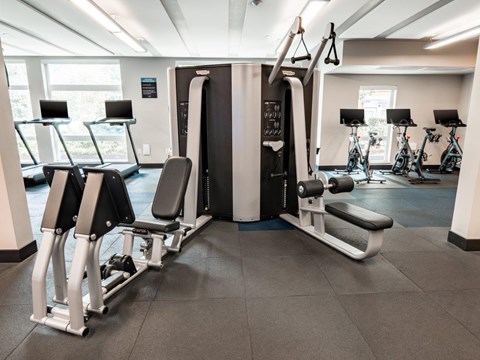 A gym with a row of treadmills and a row of exercise bikes.