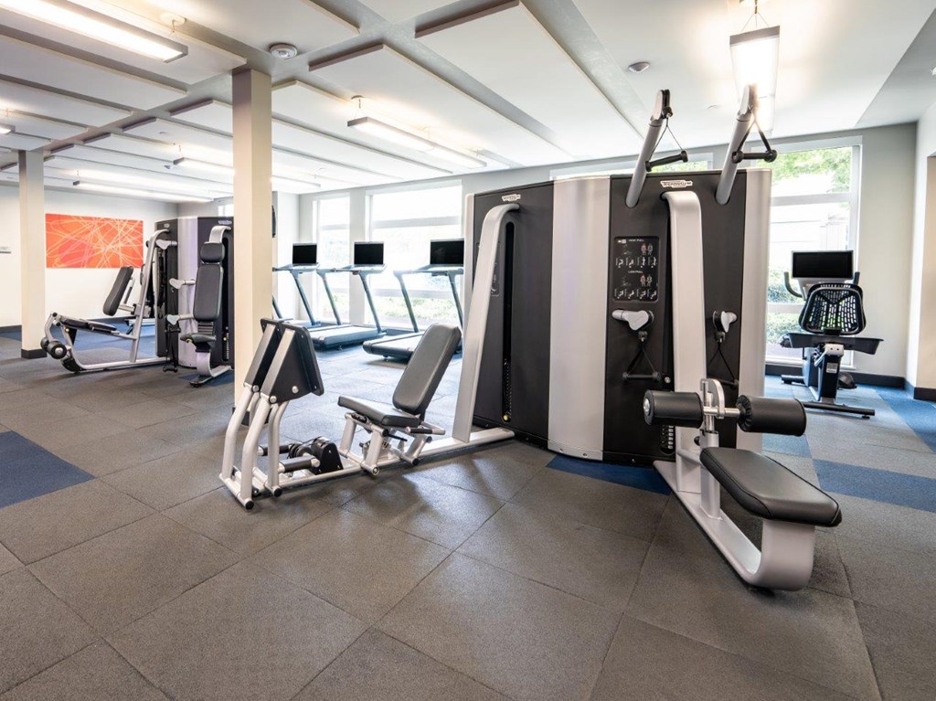 A gym with a variety of equipment including treadmills, weights, and exercise machines.