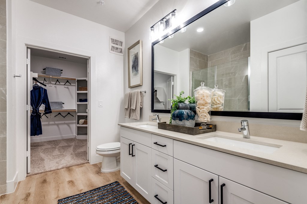 a bathroom with a large mirror and a sink and a toilet