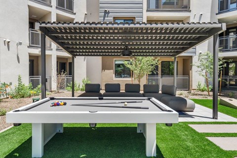 is set up outside on a green lawn.