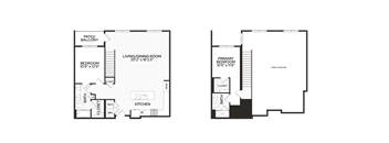 A floor plan of a two-story house with a living area, two bedrooms, a kitchen, and a bathroom.