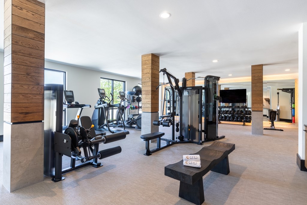 A gym with a variety of equipment including treadmills, weights, and a bench.