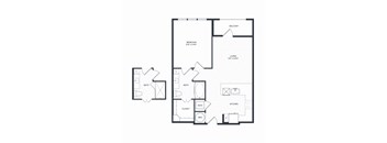 A black and white floor plan of A4's layout with a balcony, two bathrooms, a living room, a kitchen, a closet, and a walk-in closet.