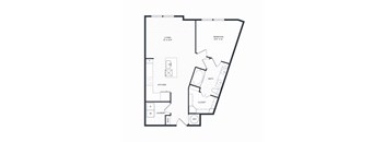 A floor plan of a house with a living room, bedroom, closet, bathroom, kitchen, and laundry closet