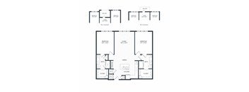 A black and white image of two floor plans for a house with two bedrooms and two bathrooms.