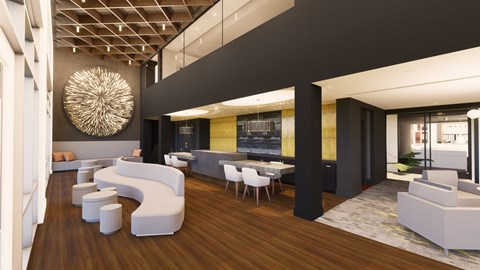 a rendering of a living room with white furniture and a dining room