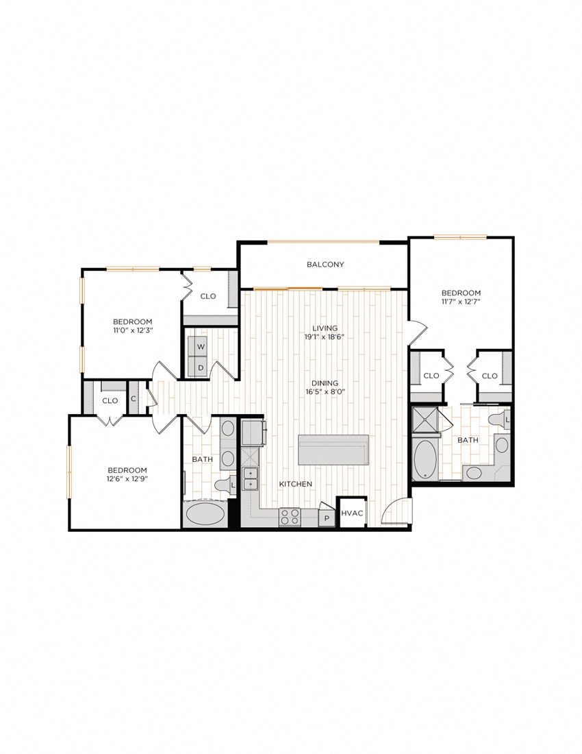 Aura 36Hundred C1 Three Bedroom Two Bathroom Floor Plan