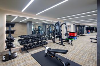 A gym with a variety of equipment including weights and machines.