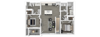 A top-down view of a small apartment layout with a kitchen, living room, and bedroom.