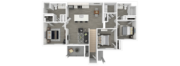 A 3D floor plan of a house with a kitchen, living room, and bathroom.