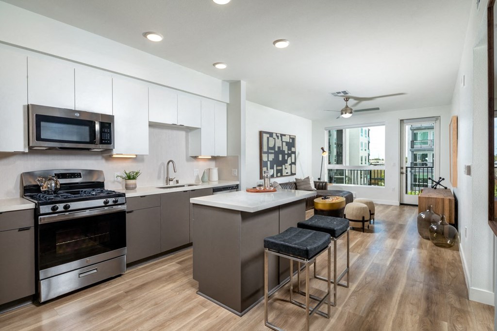 Park on First Apartments A2 Model Kitchen and Living Room