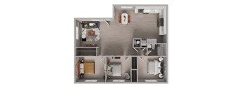A top-down view of a small apartment with a kitchen, living room, and bedroom.