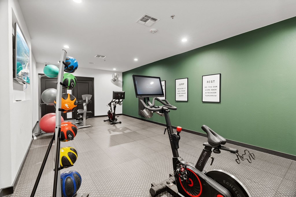 A gym with a stationary bike, exercise balls, and a television.