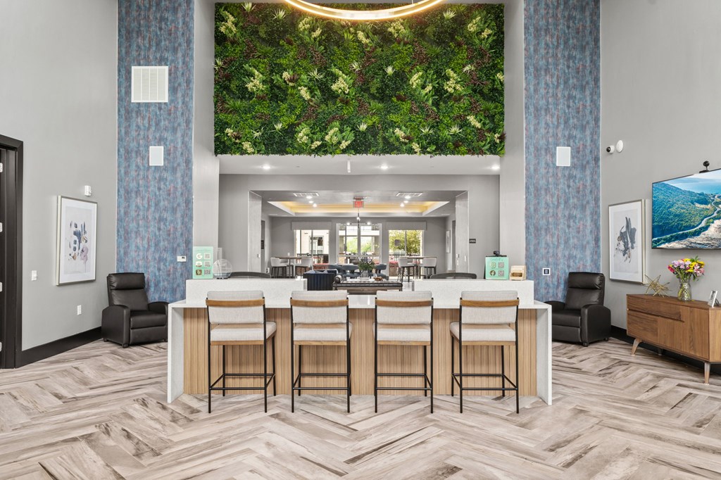 A bar area with a green wall behind it.