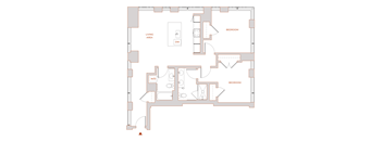 A floor plan of a house with two bedrooms, a living area, a dining area, a kitchen, and a bathroom.