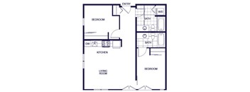 A floor plan of a 2 bedroom apartment with a living room, kitchen, two bedrooms, and two bathrooms.