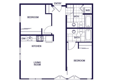 A floor plan of a 2 bedroom apartment with a living room, kitchen, two bedrooms, and two bathrooms.