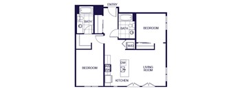 A floor plan of a 2 bedroom apartment with a living room, kitchen, two bedrooms, and two bathrooms.