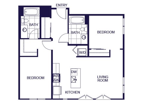 A floor plan of a 2 bedroom apartment with a living room, kitchen, two bedrooms, and two bathrooms.