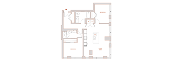 A floor plan of a house with two bedrooms, a living area, and a kitchen with a dining area.