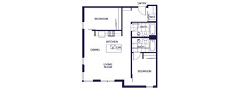 A floor plan of a 2 bedroom apartment with a living room, kitchen, two bedrooms, and two bathrooms.