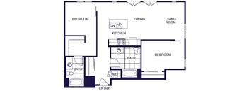 A floor plan of a 2 bedroom apartment with a living room, kitchen, two bedrooms, and two bathrooms.