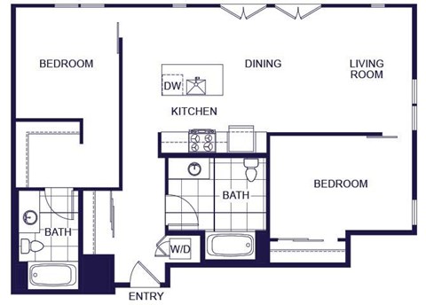 A floor plan of a 2 bedroom apartment with a living room, kitchen, two bedrooms, and two bathrooms.
