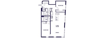 A floor plan of a 2 bedroom apartment with a living room, kitchen, two bedrooms, and two bathrooms.