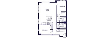 A floor plan of a 2 bedroom apartment with a living room, kitchen, two bedrooms, and two bathrooms.