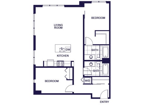 A floor plan of a 2 bedroom apartment with a living room, kitchen, two bedrooms, and two bathrooms.