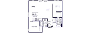 A floor plan of a 2 bedroom apartment with a living room, kitchen, two bedrooms, and two bathrooms.