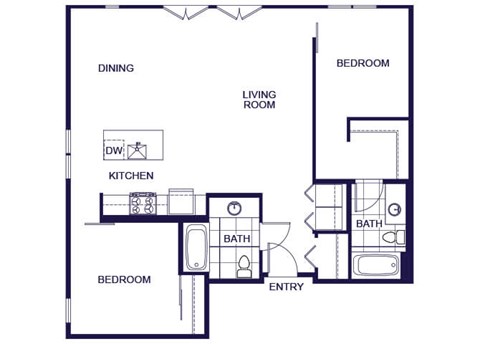 A floor plan of a 2 bedroom apartment with a living room, kitchen, two bedrooms, and two bathrooms.