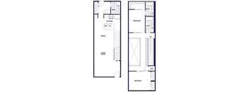 A floor plan of a two-story apartment home with living room, dining room, kitchen, two bedrooms, and two and half bathrooms
