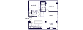 A floor plan of a 2 bedroom apartment with a living room, kitchen, two bedrooms, and two bathrooms.